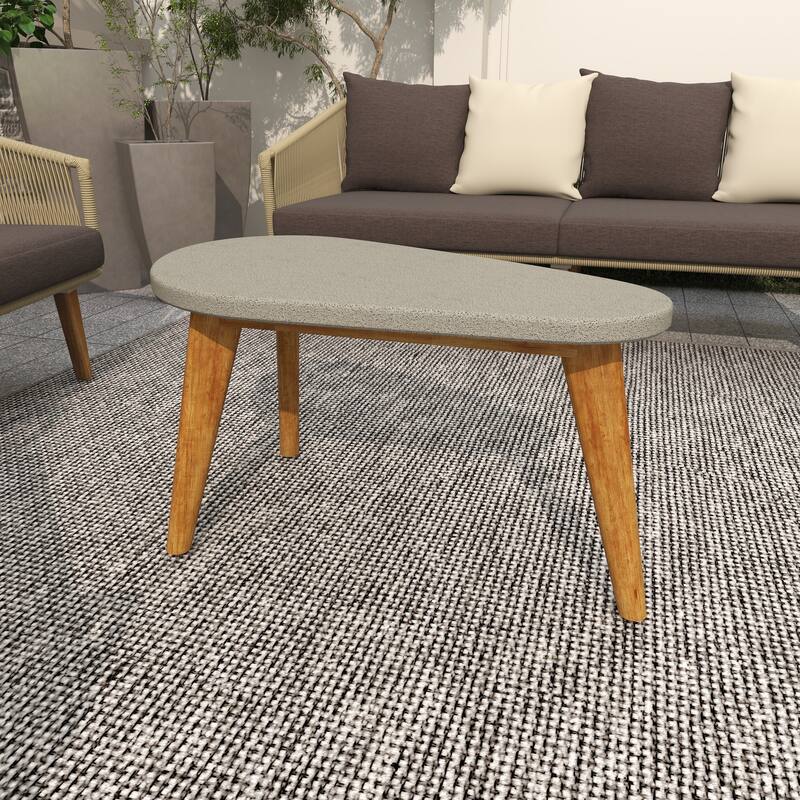 Gray Concrete Inspired Oval End Table Outdoor Accent Table with Brown Tapered Wood Legs