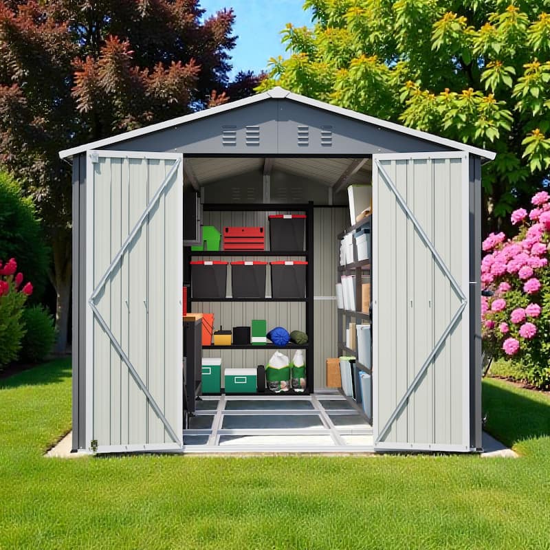 8 x 12 FT Outdoor Metal Storage Shed with Lockable Double Doors, Aluminum Frame Tool Shed for Backyard