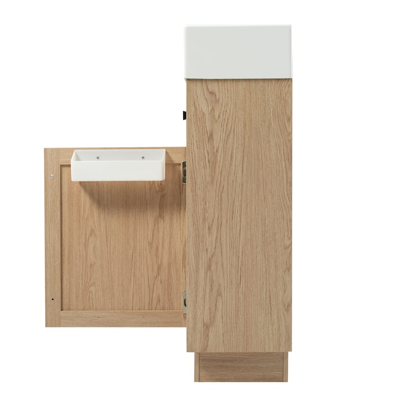 Compact Wood Grain Cabinet Bathroom Vanity with Reversible Resin Sink, Adjustable Shelf, Storage Box and Zinc Alloy Handles