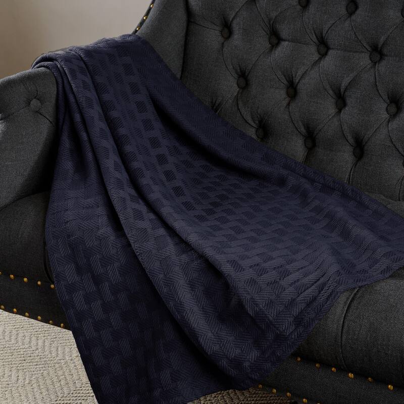 Superior Basketweave All-Season Bedding Cotton Blanket - California King - Navy Blue