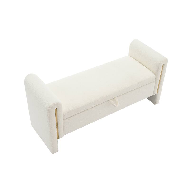 Modern Teddy Bed End Bench with Arms, Plush Upholstered Ottoman Footrest with Storage, Comfy Window Bench for Bedroom