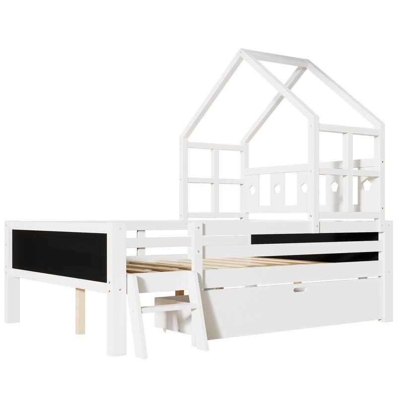 Full Size Kids' Loft-Style Bed with Ladder, Dual Blackboard Panels, and Underbed Storage Drawer, Solid Wood Frame