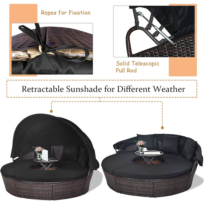Patio Rattan Daybed Cushioned Sofa Adjustable Table Top Canopy
