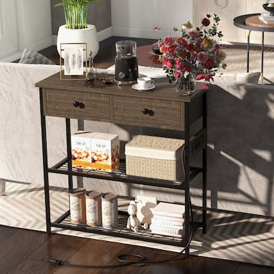 Entryway Table w/ Charging Station Narrow Console Table & 2 Drawers