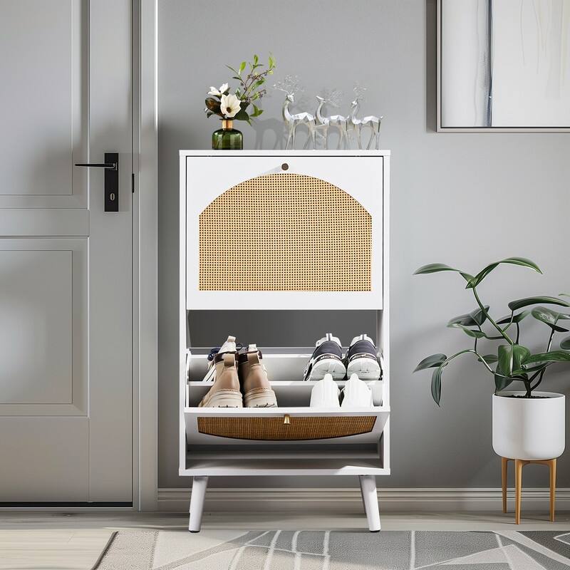 Rattan Shoe Cabinet with 2 / 4 Flip Drawers, Narrow Shoe Storage Cabinet,Organizer for Entryway, Bedroom, Living Room