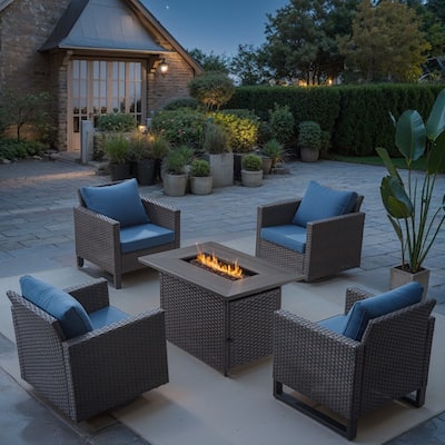 5 Pieces Patio Wicker with Fire Pit Table - Blue cushion - Brown