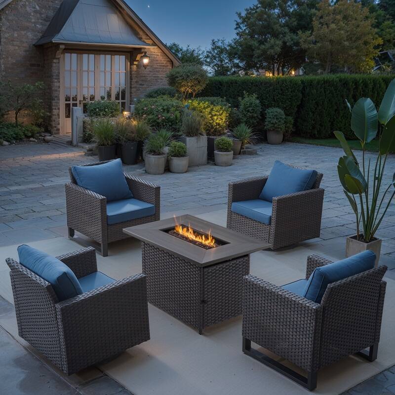 5 Pieces Patio Wicker with Propane Fire Pit Table - Blue - Brown