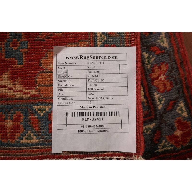 Floral Kazak Oriental Foyer Rug Hand-Knotted Traditional Wool Carpet - 2'0" x 3'0"