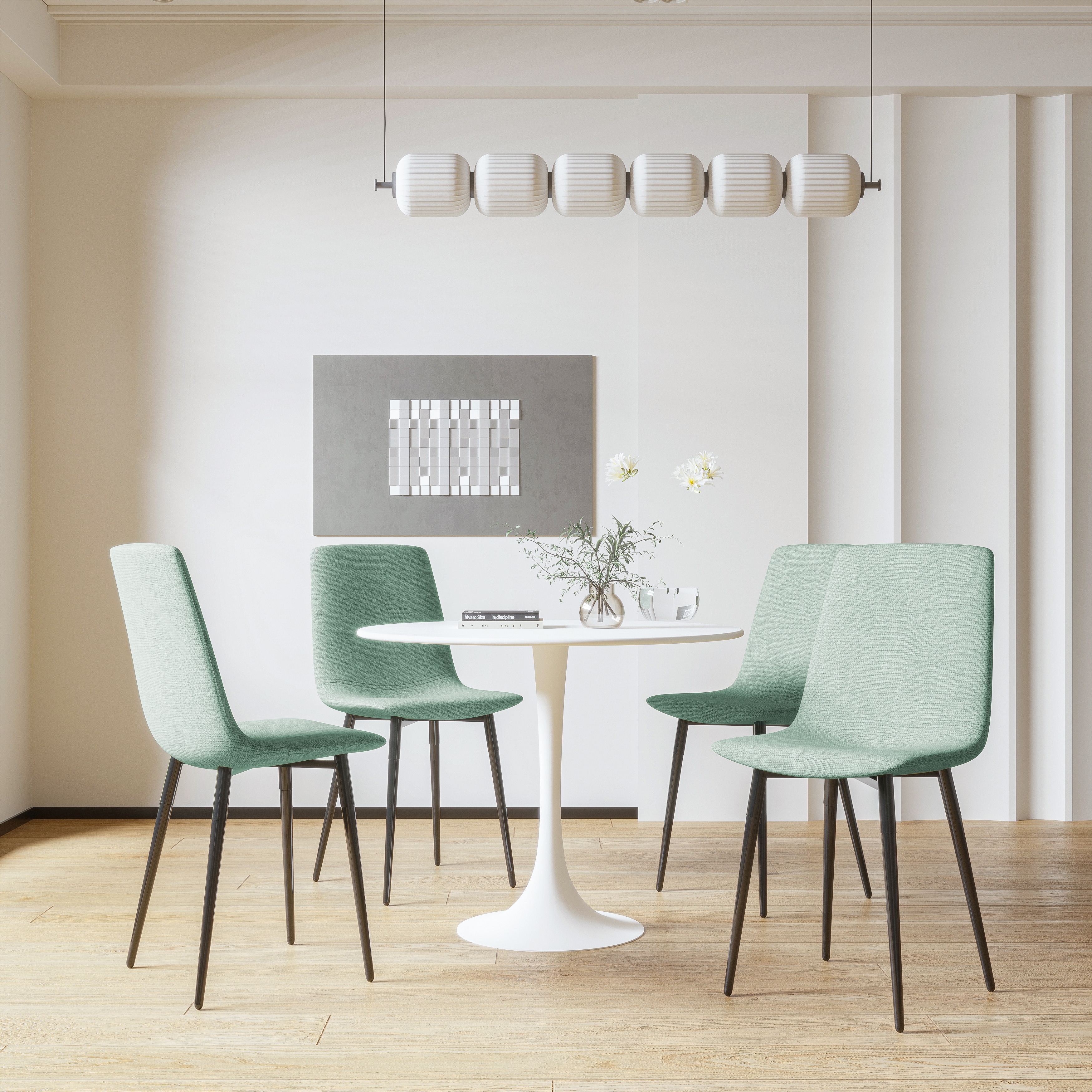 31.5" Round MDF Dining Set for 4 – White Easy-Clean Table with Black Metal Legs, 4 Linen Chairs, Perfect for Restaurants.