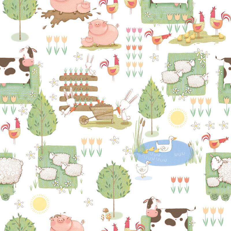Galerie Wallcoverings Tiny Tots 2 Farmland Animals Non-woven Matte Wallpaper Roll - 33 feet x 21 inches - Green/Blue/Pink