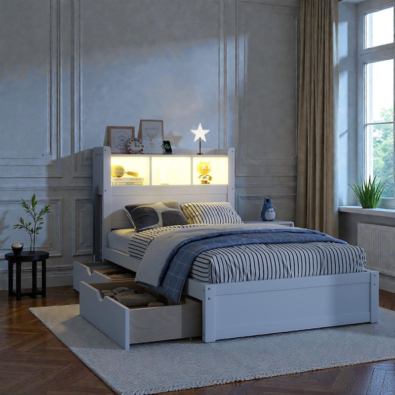 Wood Bed with Storage Headboard, Drawers and Pull Out Cabinet, Twin Full Bed with LED Light and Socket