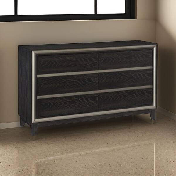 Uri 60 Inch Wide Dresser, 6 Drawers, Cutout Grooves, Silver Banding, Black  - Bed Bath & Beyond - 40386603