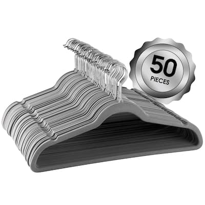 Elama Home 50 Piece Set of Flocked Velvet Clothes Hangers with Stainless Steel Swivel Hooks in Gray