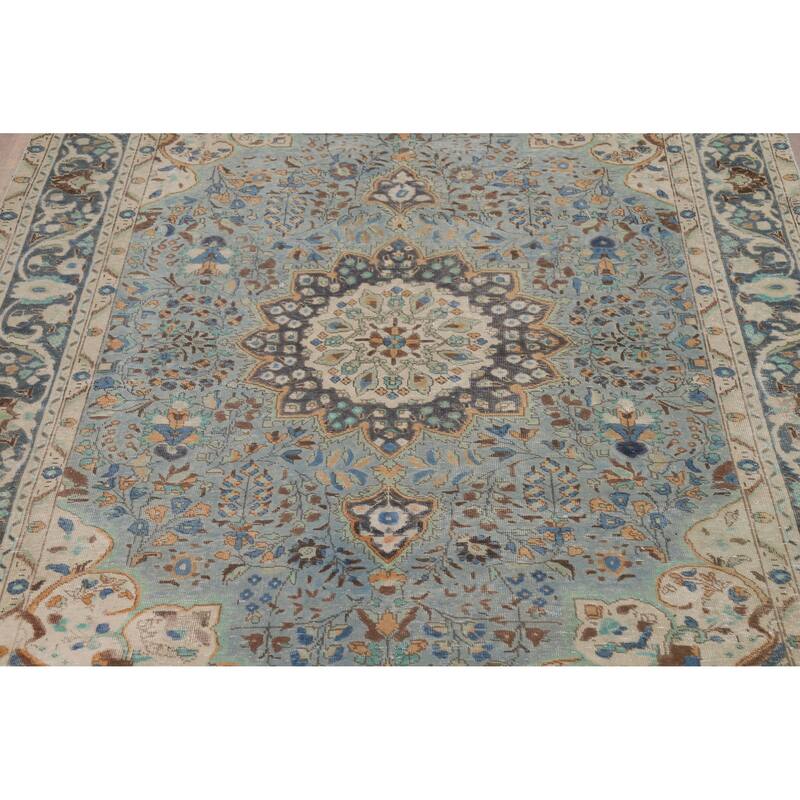 Traditional Blue Tabriz Persian Vintage Area Rug Handmade Wool Carpet - 7'1" x 9'8"