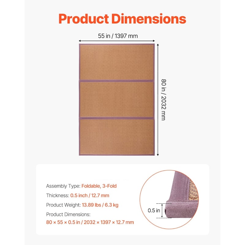 Foldable Japanese Tatami Mat Full XL 55'' x 80'', Non-Slip Rattan Mattress - 80 x 55 x 0.5 in