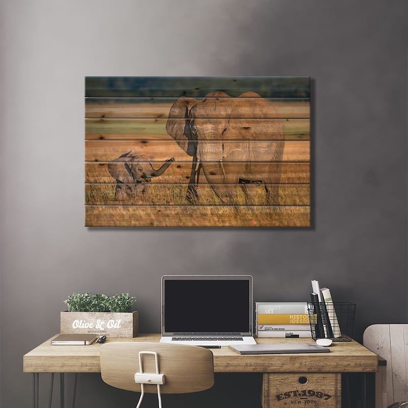 Mom Elephant With Calf Print On Wood by Xavier Ortega - Multi-Color
