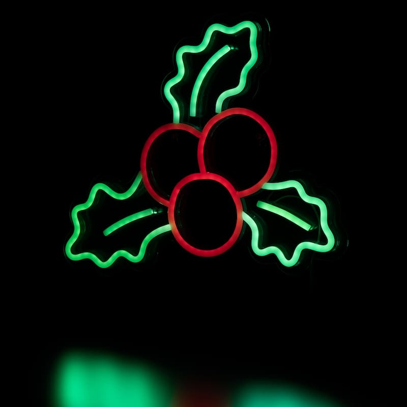 LED Holly Berries Neon Lighted Christmas Wall or Window Decoration - 12"