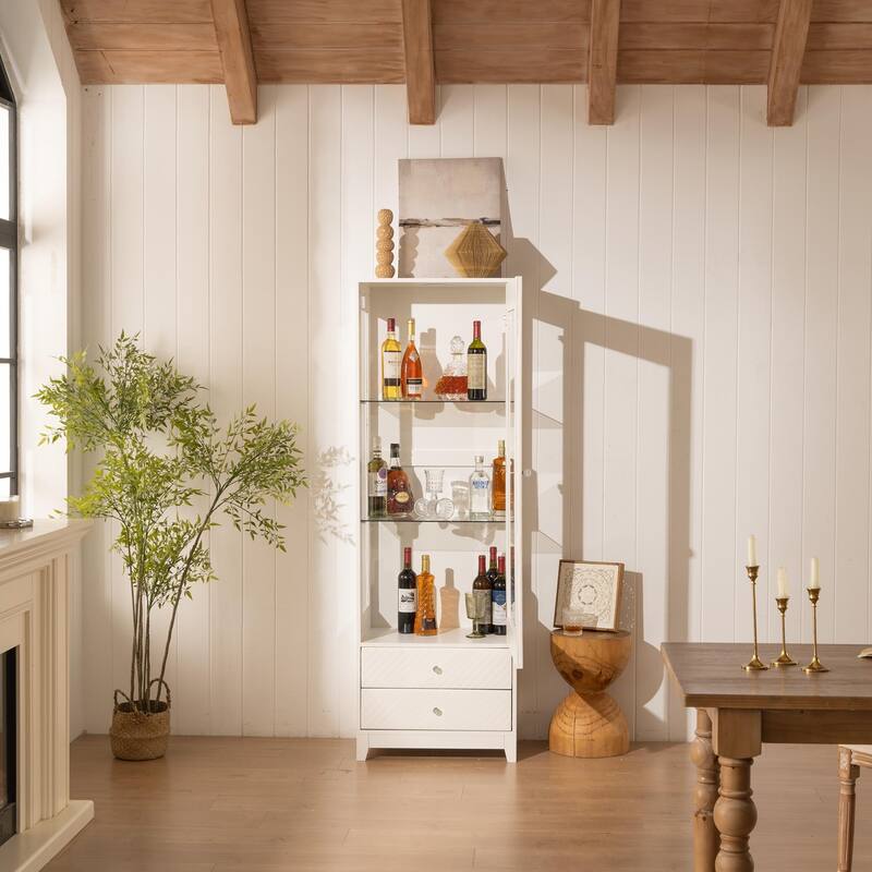 71" Freestanding Display Cabinet with 2 Drawers, Adjustable Glass Shelves and 5-Color LED Ceiling Light