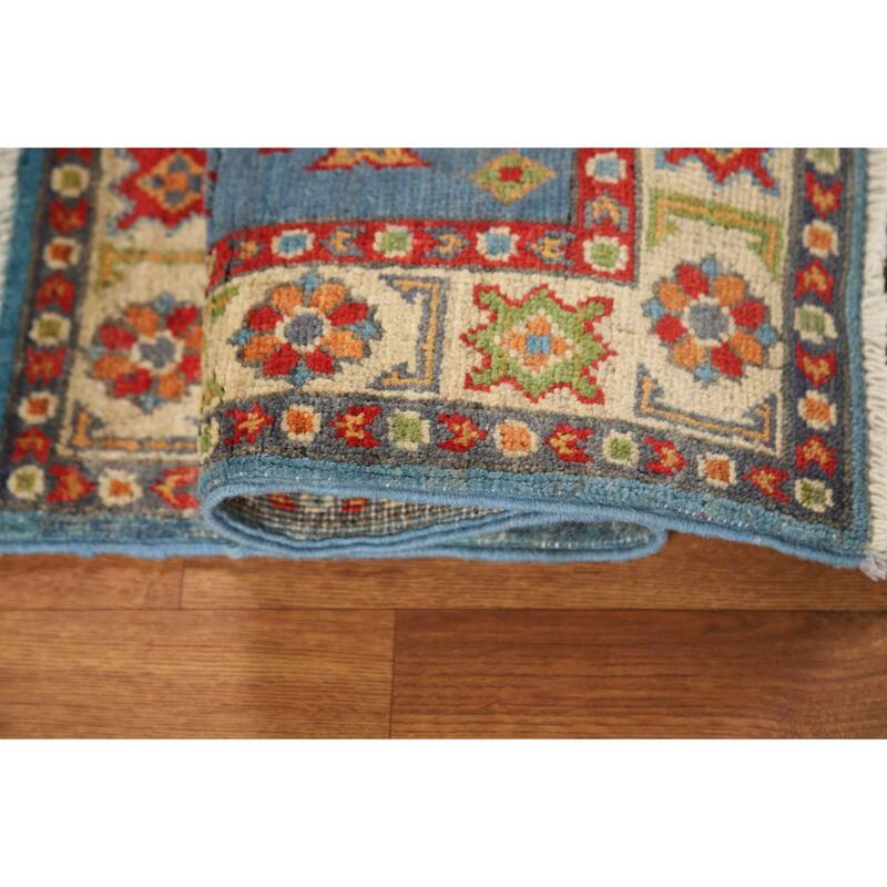 Blue Kazak Oriental Accent Rug Hand-Knotted Geometric Wool Carpet - 2'0" x 3'0"