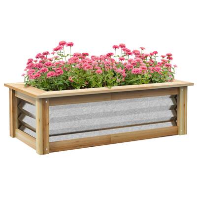 Raised Garden Bed Kit, Outdoor Planter Box, Galvanized Metal Reinforced with Wood, Stock Tank for Growing Flowers, Herbs