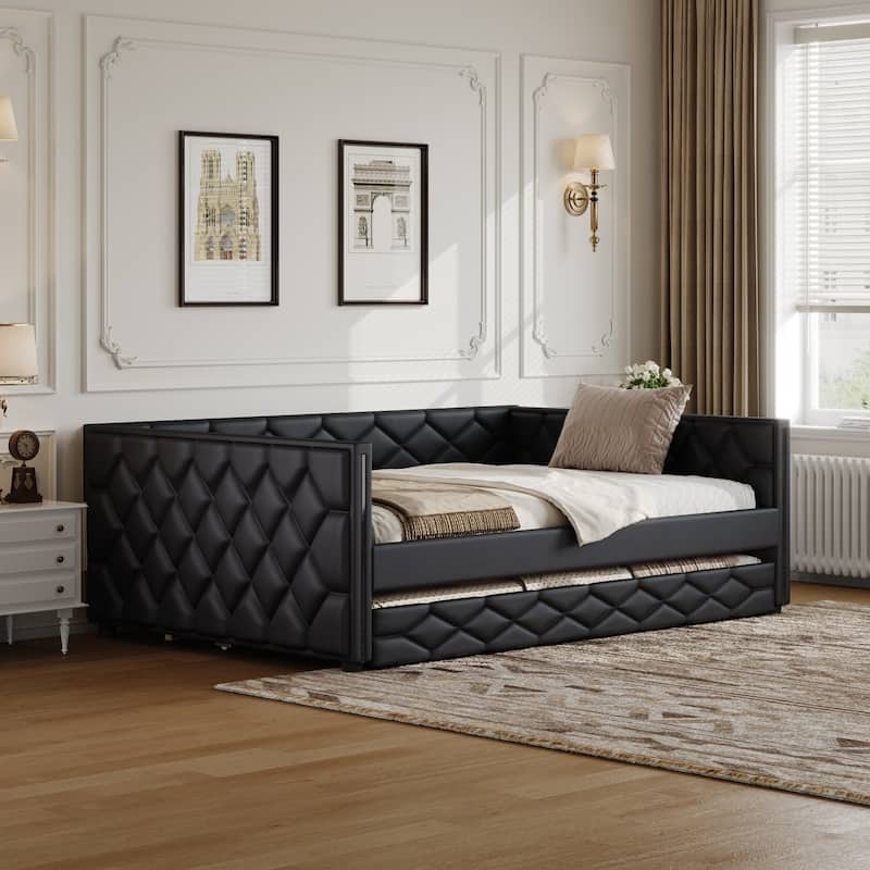 Full XL Size Upholstered Daybed with Trundle Bed and LED Armrests, Rhombic Blocks Frame Sofa Bed, U-shape Bed Frame