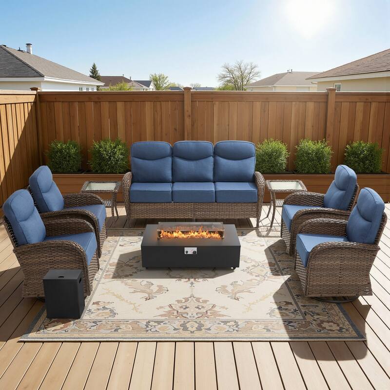 Luna 8-Piece Wicker Outdoor Patio Fire Pit Sofa Set with 6-Inch Thick Cushions