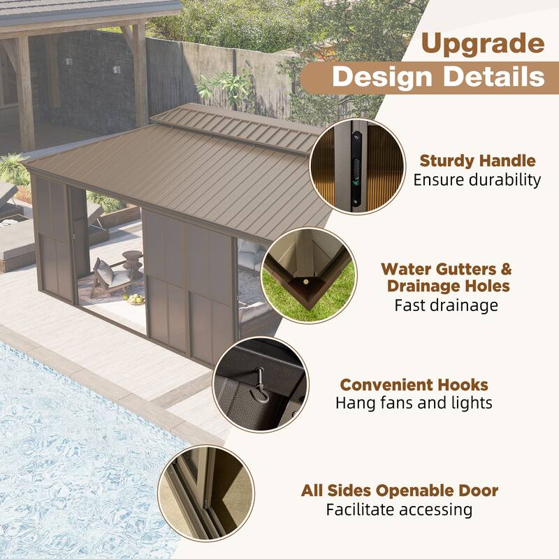 Hardtop Gazebo with Double Steel Roof, Sliding/Lockable Doors & Screens - All-Season Rustproof Aluminum Frame，Advanced Drainage