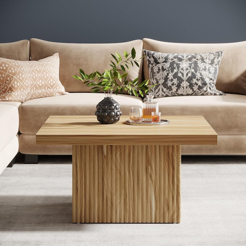 31.5 Brown Wood Square Coffee Table, Large Fluted Coffee Table for Living Room