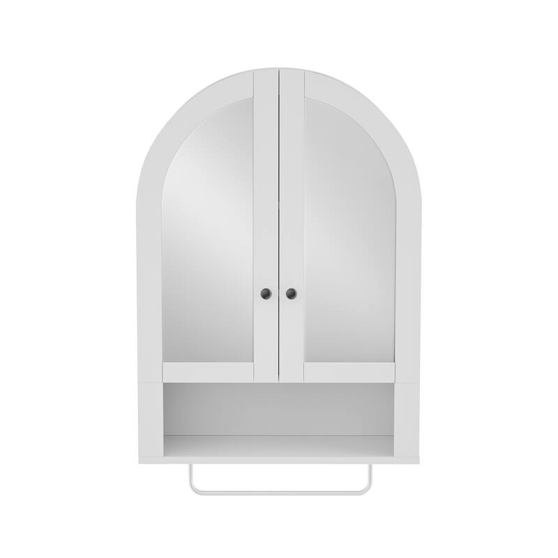 Wall Mounted Arched Cabinet with Mirrored Doors and Adjustable Shelves for Laundry Room, Bathroom, Kitchen - White