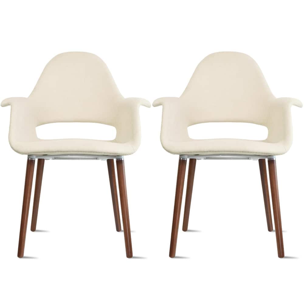 Set of 2 Organic Upholstered Fabric Modern Armchairs with Dark Walnut Brown Wooden Legs for Dining Room Office or Accent Chair