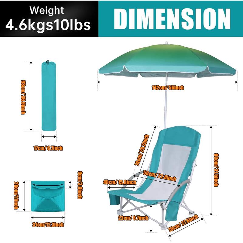 Beach Chair, Beach Chair with Umbrella, Beach Chair for Adults Camping Chair High Back with Umbrella and Cooler, Lightweight