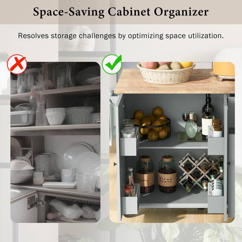 Rubberwood Kitchen Cart with Drop Leaf, Internal Storage Rack, and 2 Drawers