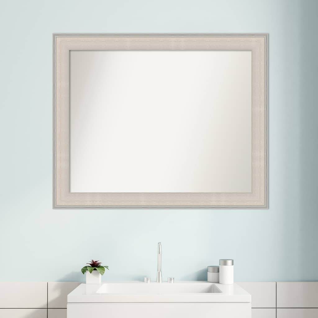 Cottage White Silver Non-Beveled Wood Framed Bathroom Vanity Wall Mirror - Cottage White Silver