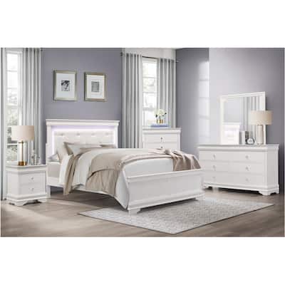 Eran 4 Piece White Modern Faux Leather Upholstered Tufted LED Panel Bedroom Set