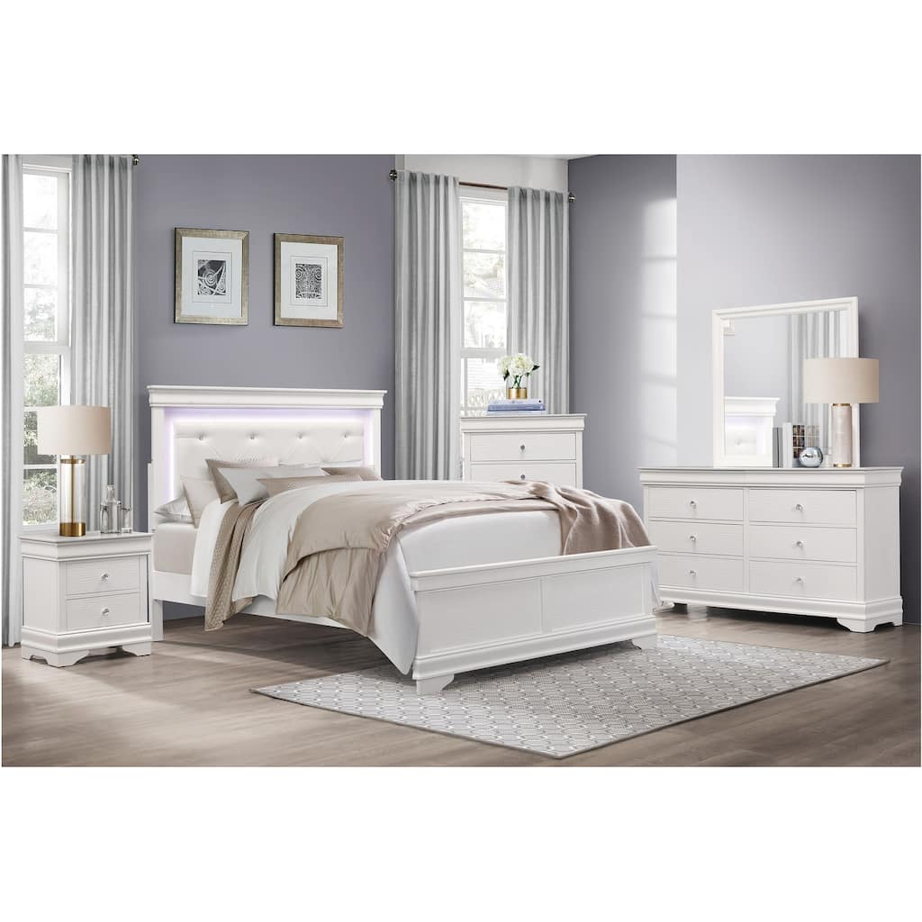 Eran 4 Piece White Modern Faux Leather Upholstered Tufted LED Panel Bedroom Set