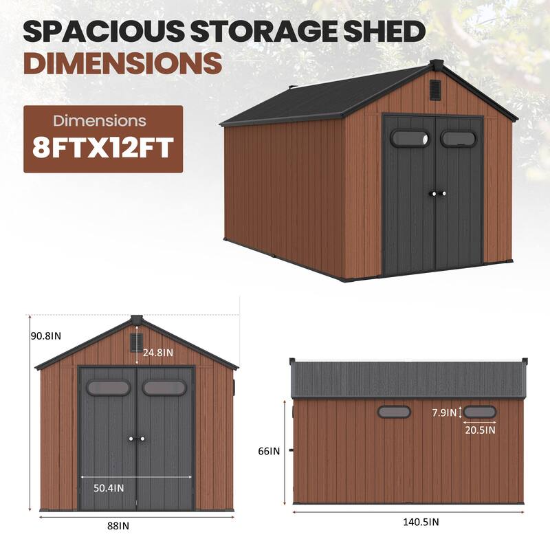 8X8/8X10/8X12 FT Resin Outdoor Storage Shed with Window Vent Floor for Patio Furniture and Tools