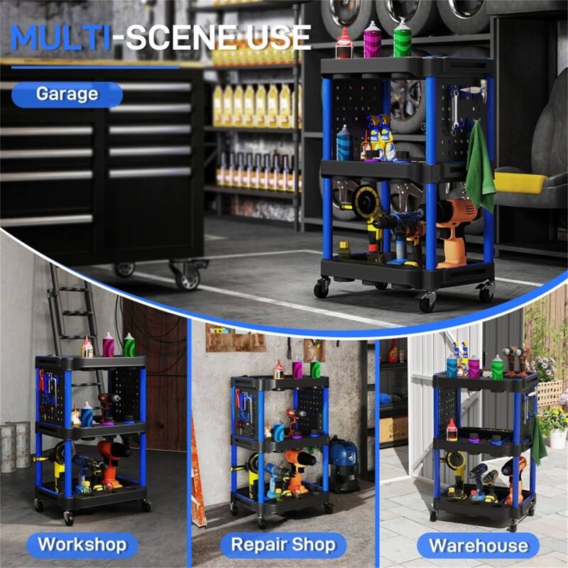 Three-Tier Mobile Rolling Tool Cart with Hooks and Storage Holes for Garage Workshop Organizer - 22.2" W x 18.7" D x 35" H