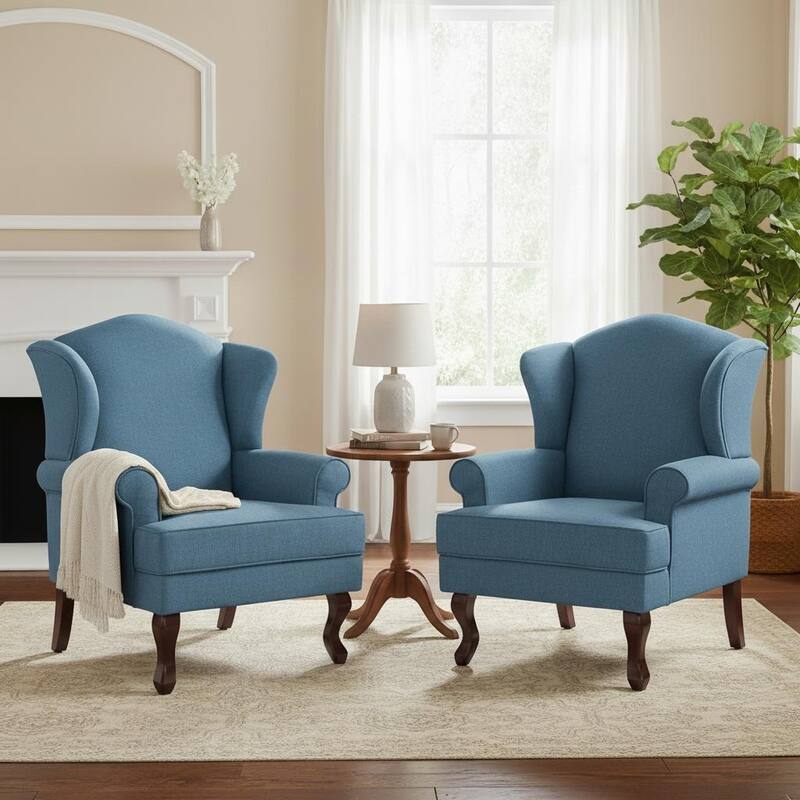 Classic Wingback Accent Chair for Living Room - Set of 2 - Sky Blue/ Linen