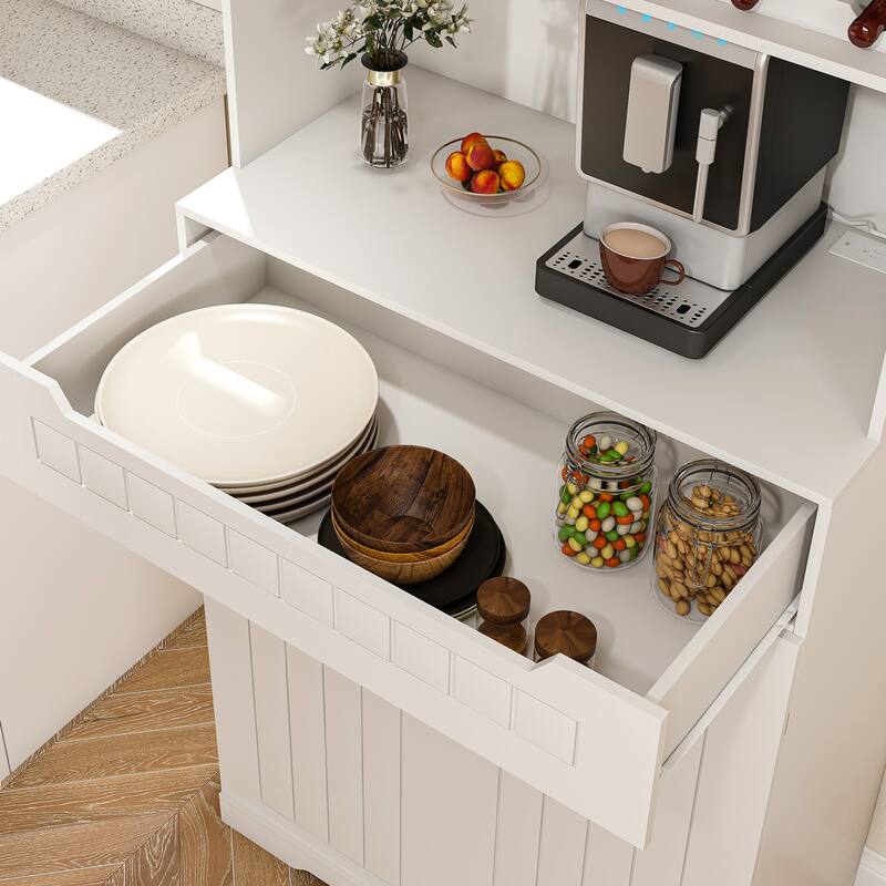 Kitchen Pantry Cabinet with 2 Drawers & Barn Doors, Freestanding Sideboard with Internal Storage Rack & Open Compartments