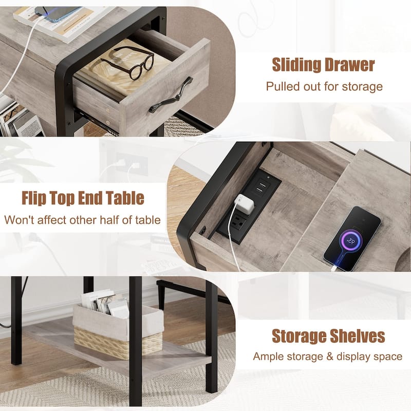 End Table with Charging Station, Narrow Side Table with Drawer and Storage End Table