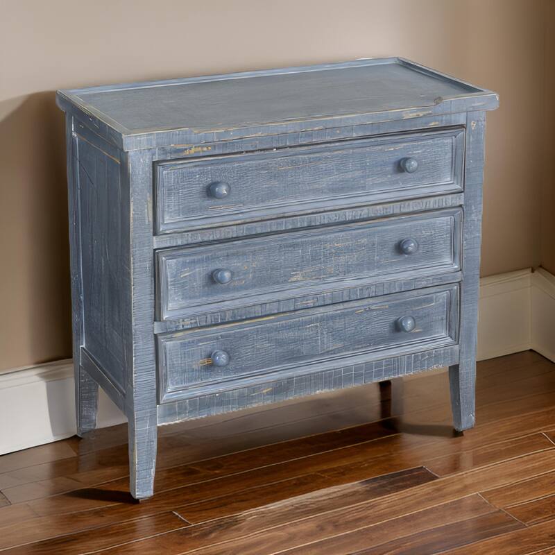 Rena Side End Table with 3 Drawers, 28 Inch Rustic Blue Mahogany Wood