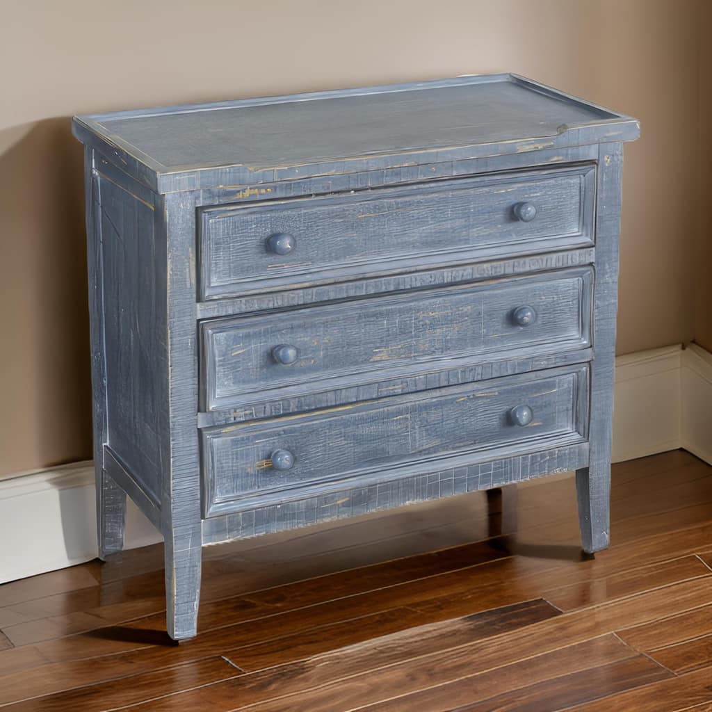 Rena Side End Table with 3 Drawers, 28 Inch Rustic Blue Mahogany Wood