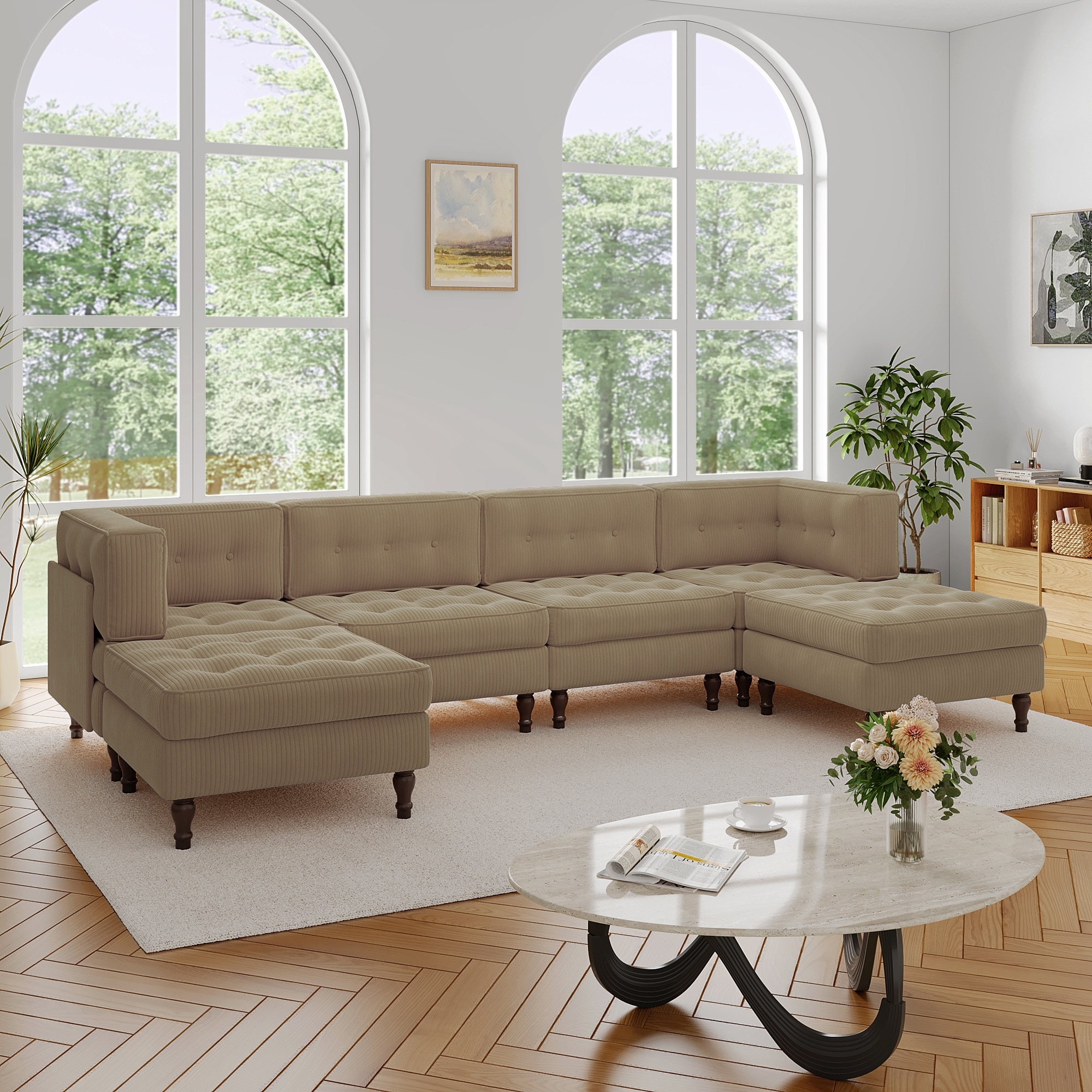 130"W Corduroy Upholstered Modular Sectional Sofa with Storage Ottoman