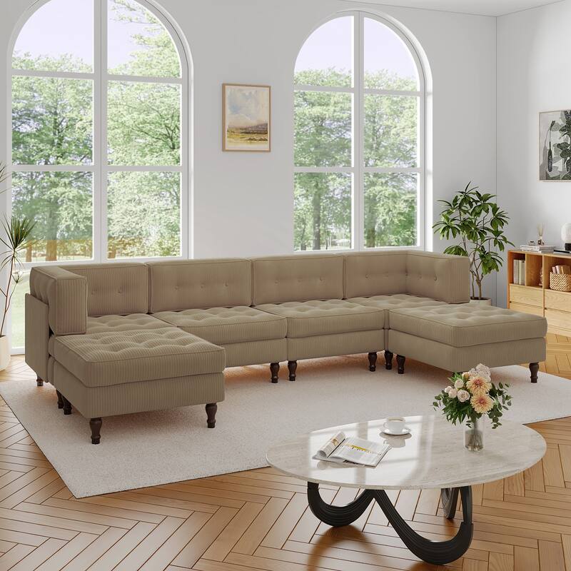 130"W Corduroy Upholstered Modular Sectional Sofa with Storage Ottoman - Camel
