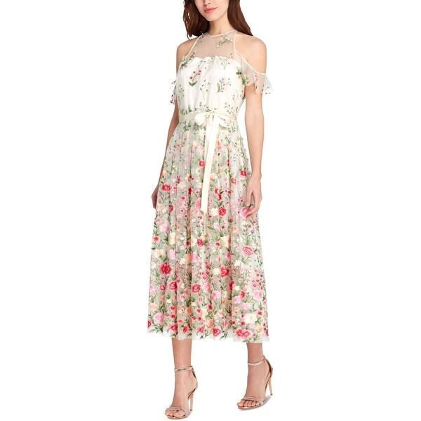 Shop Tahari Asl Womens Midi Dress Cold Shoulder Embroidered