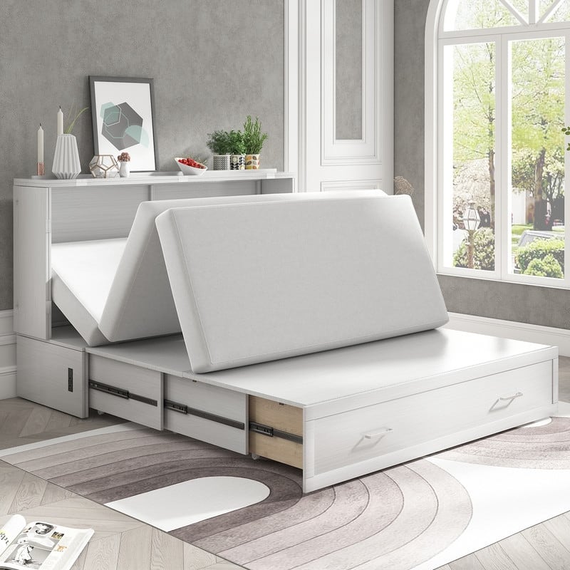 Mixoy Queen Murphy Bed Cabinet Bed Chest with Mattress,Drawers,USB Charging Station
