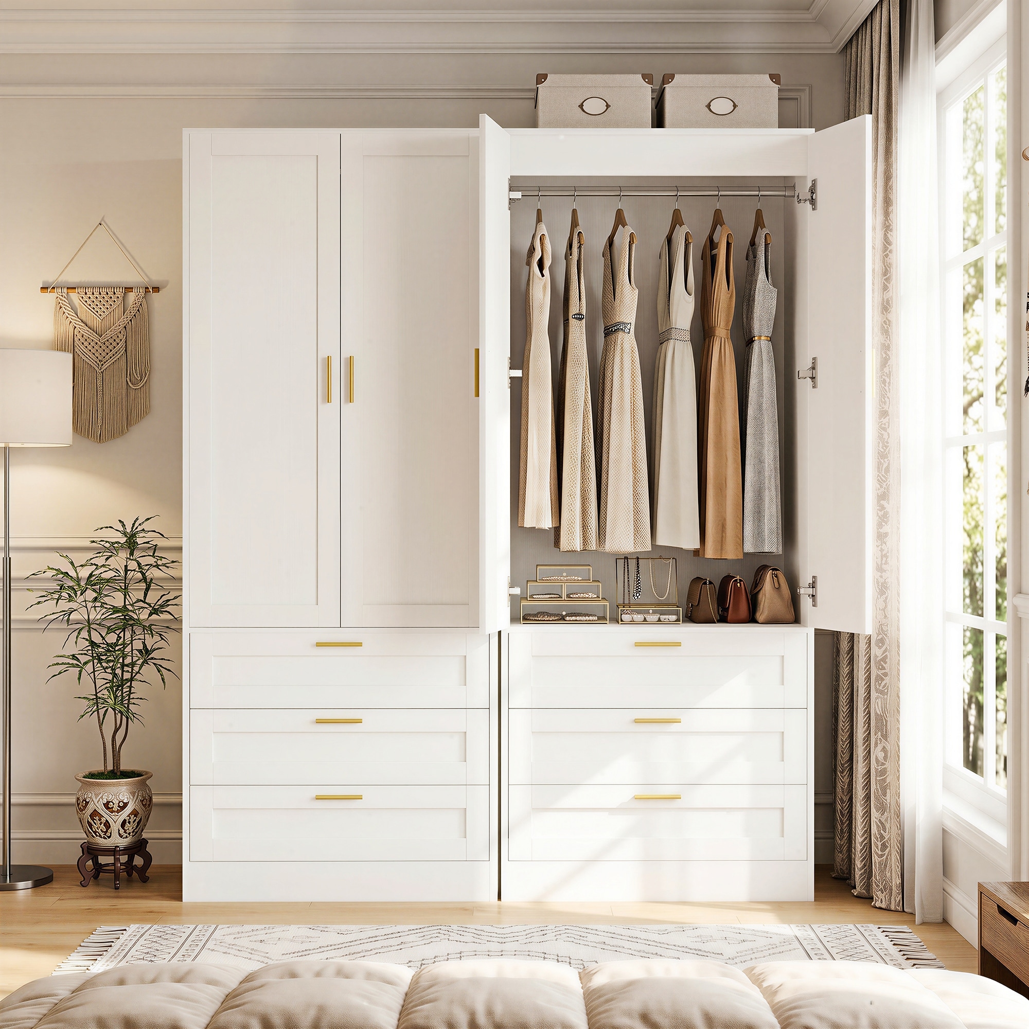 Modern Armoire Wardrobe Cabinet with Wooden Drawers, Freestanding Closet Organizer with Hanging Rods