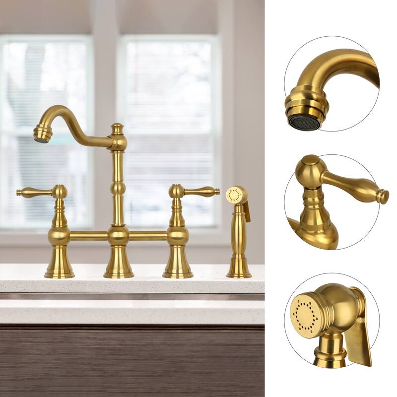 Two-Handles Bridge Kitchen Faucet with Side Sprayer 8-3/8 Inch High Arc