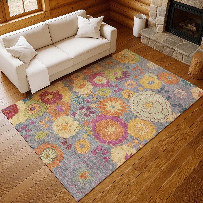 Machine Washable Indoor/ Outdoor Modern Floral Chantille Rug
