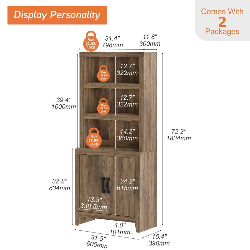 74" Tall Bookshelf with Door, Farmhouse Bookcase with Adjustable Shelf and Storage Cabinet for Living Room, Office